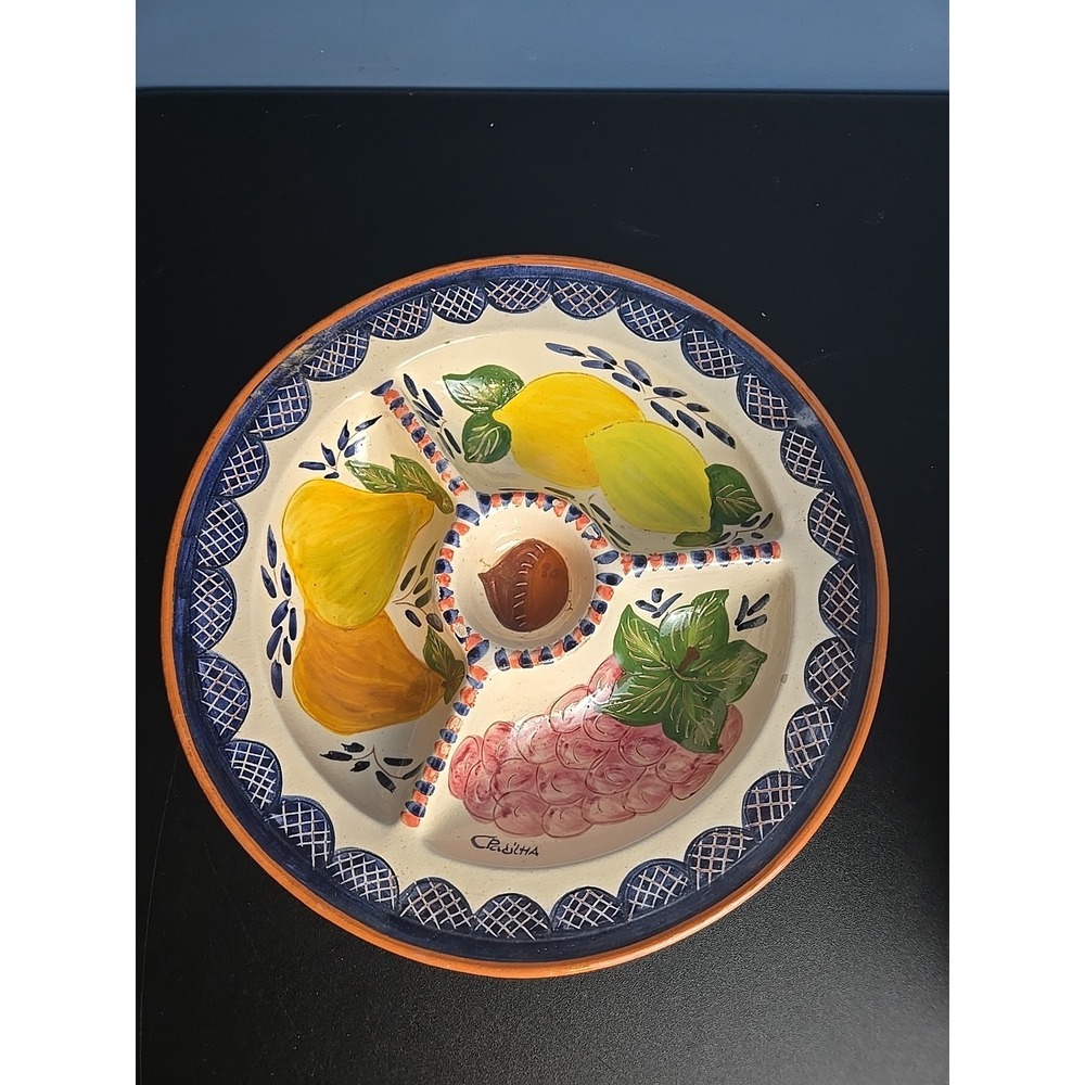 Portugal Plate Bowl Divided Decor‎ Terra Cotta Hand Painted Fruit Lemon Signed